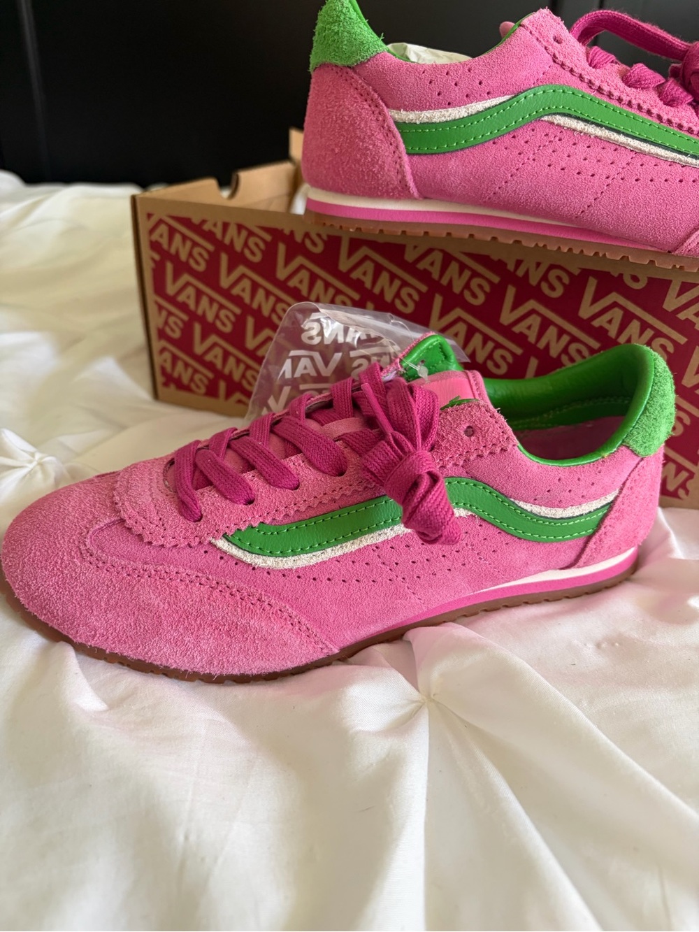 Vans Pink Fizz Suede Sneakers with Green Side Stripe - Picture 4 of 4